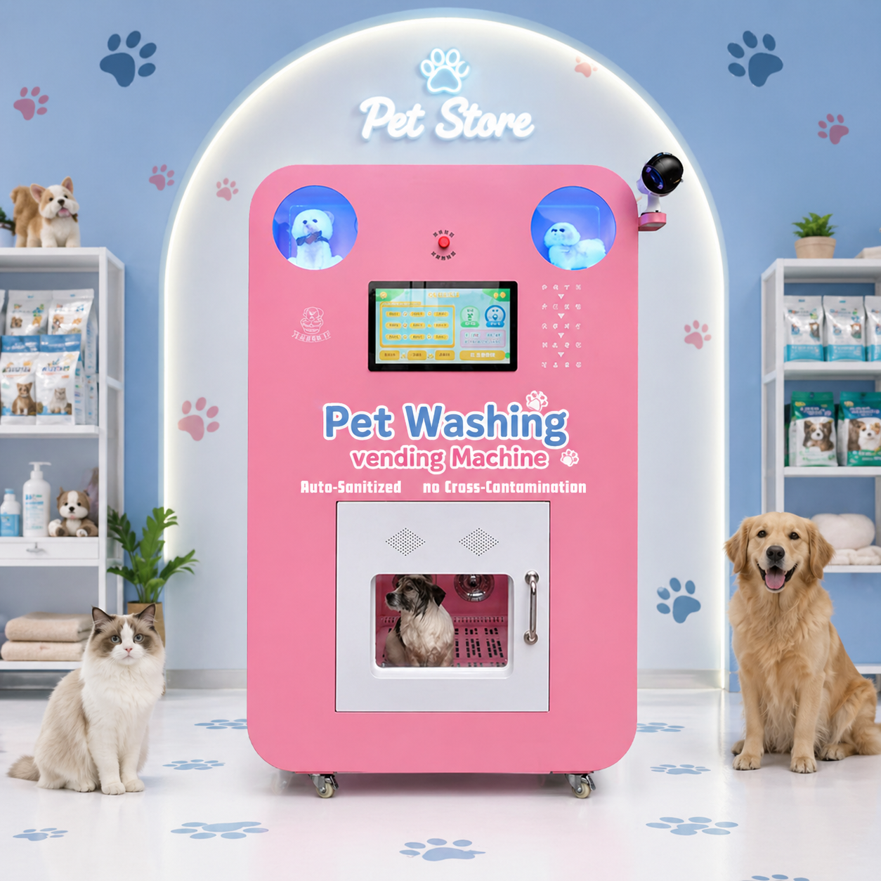 Nova Vending pet wash vending machine in pet shop with cats and dogs