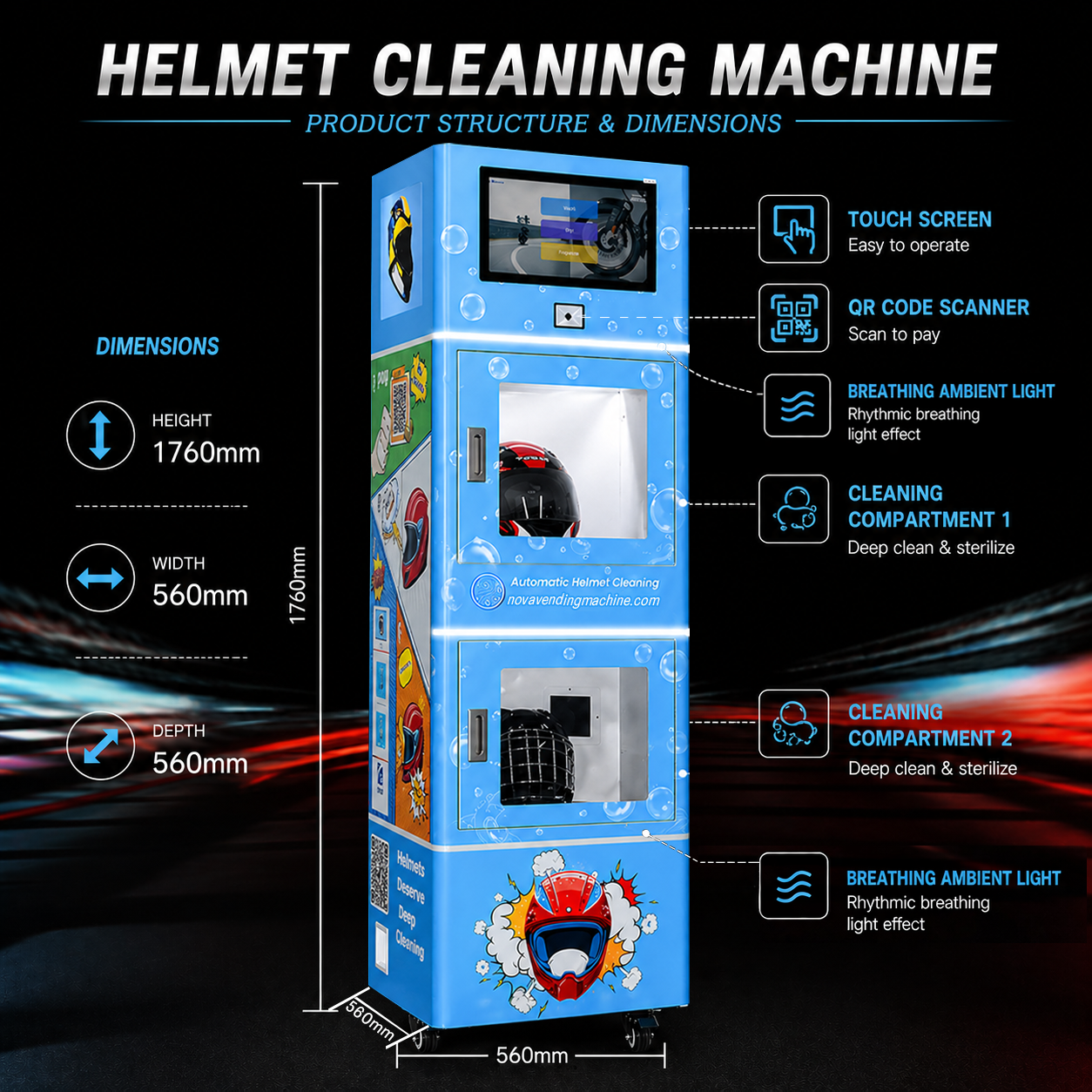 Helmet cleaning machine dimensions diagram