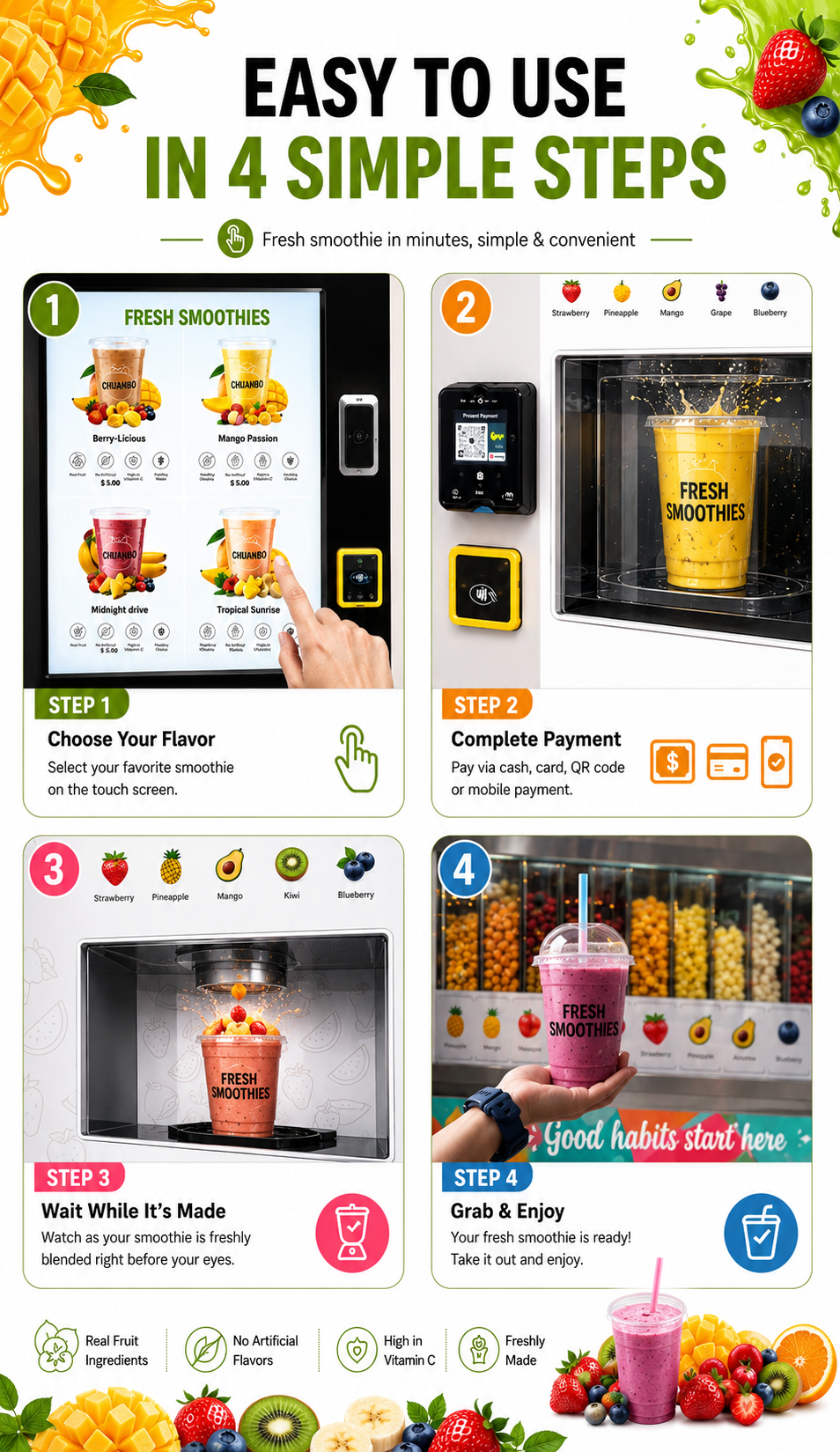 Nova Vending Fresh Smoothie Vending Machine 4-step how-to-use guide
